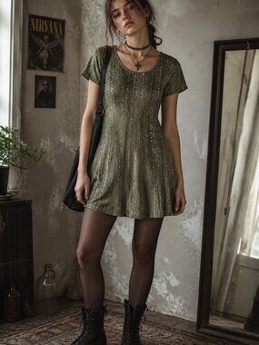 Sami & Jo Plus Green Midi Fit and flare dress Short Sleeve Sequins Fairy Large